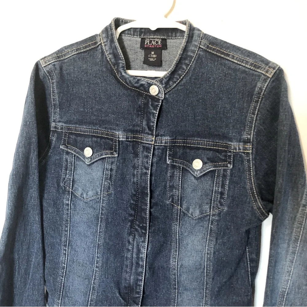 The Children’s Place Stretch Denim Blue Jean Jacket Dark Wash Zip Down Front 7/8
